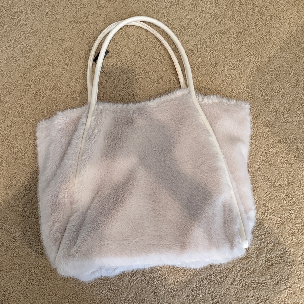 Victoria's Secret Soft Faux Fur Tote in Light Pink with Cream Handles